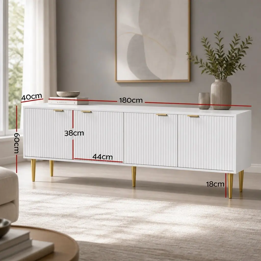 TV Unit White 180CM 4-Door Storage Cabinet with Reeded Panels and Metal Legs