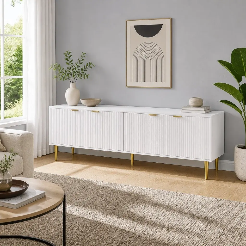 TV Unit White 180CM 4-Door Storage Cabinet with Reeded Panels and Metal Legs