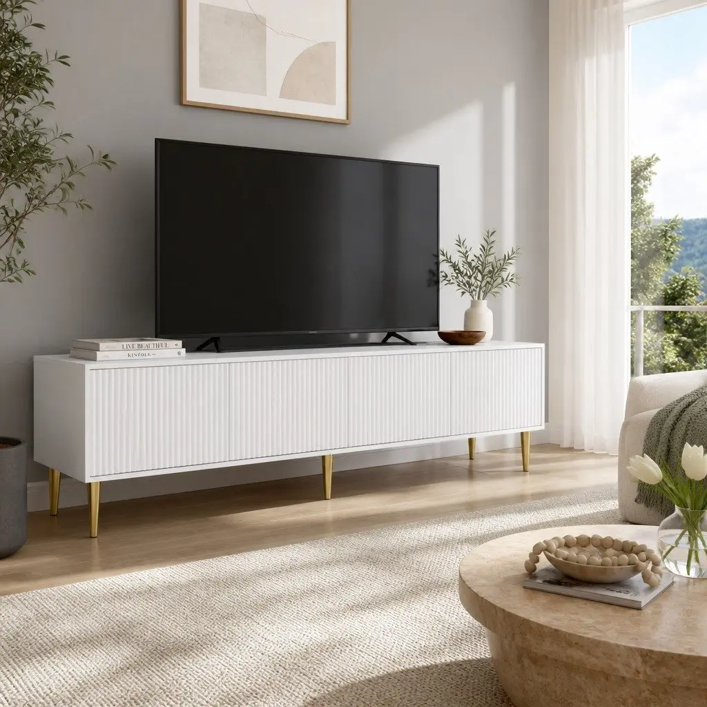 TV Unit White 180CM 4-Door Storage Cabinet with Reeded Panels and Metal Legs