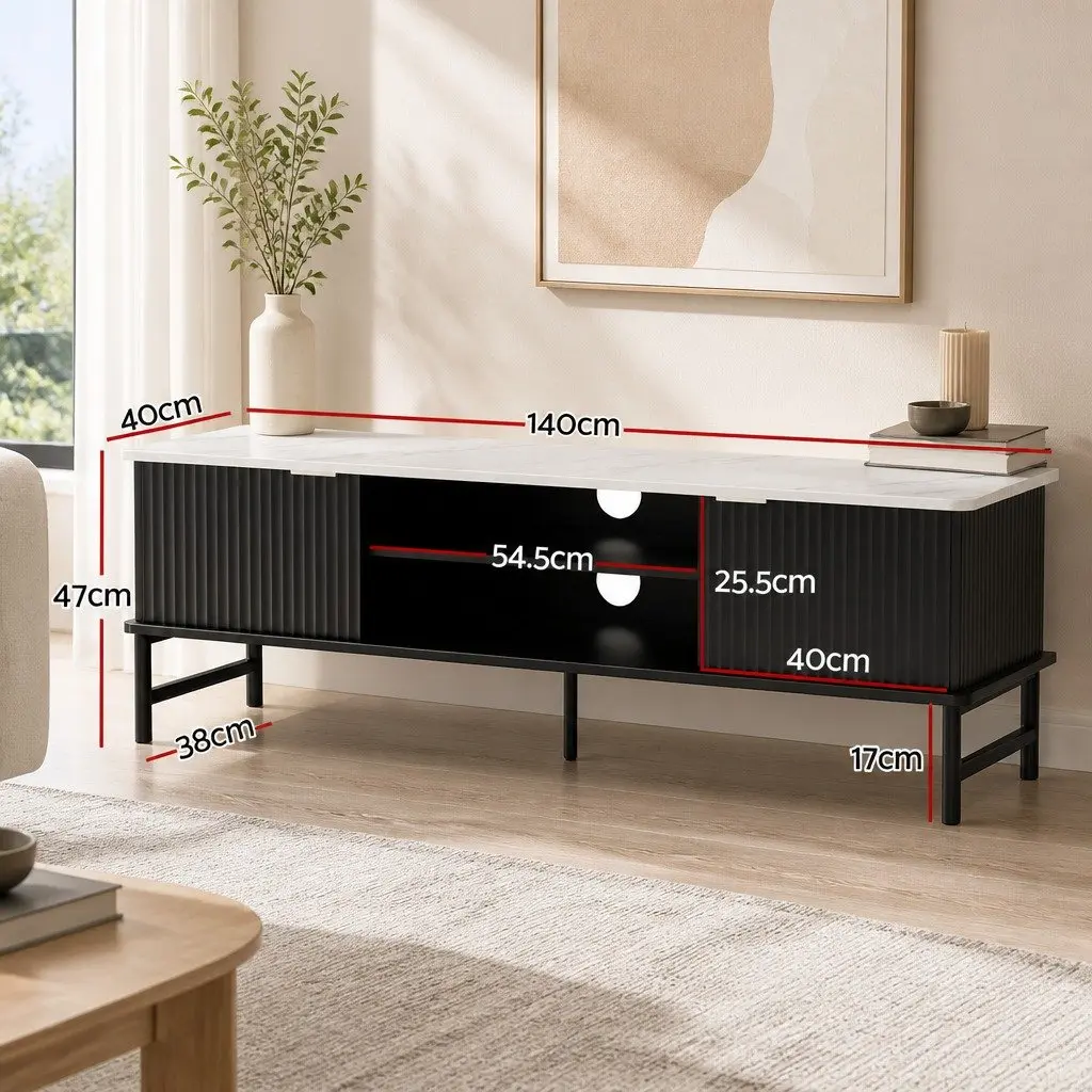 TV Unit Black 140cm Marble-Effect Tabletop Storage Stand with Shelves