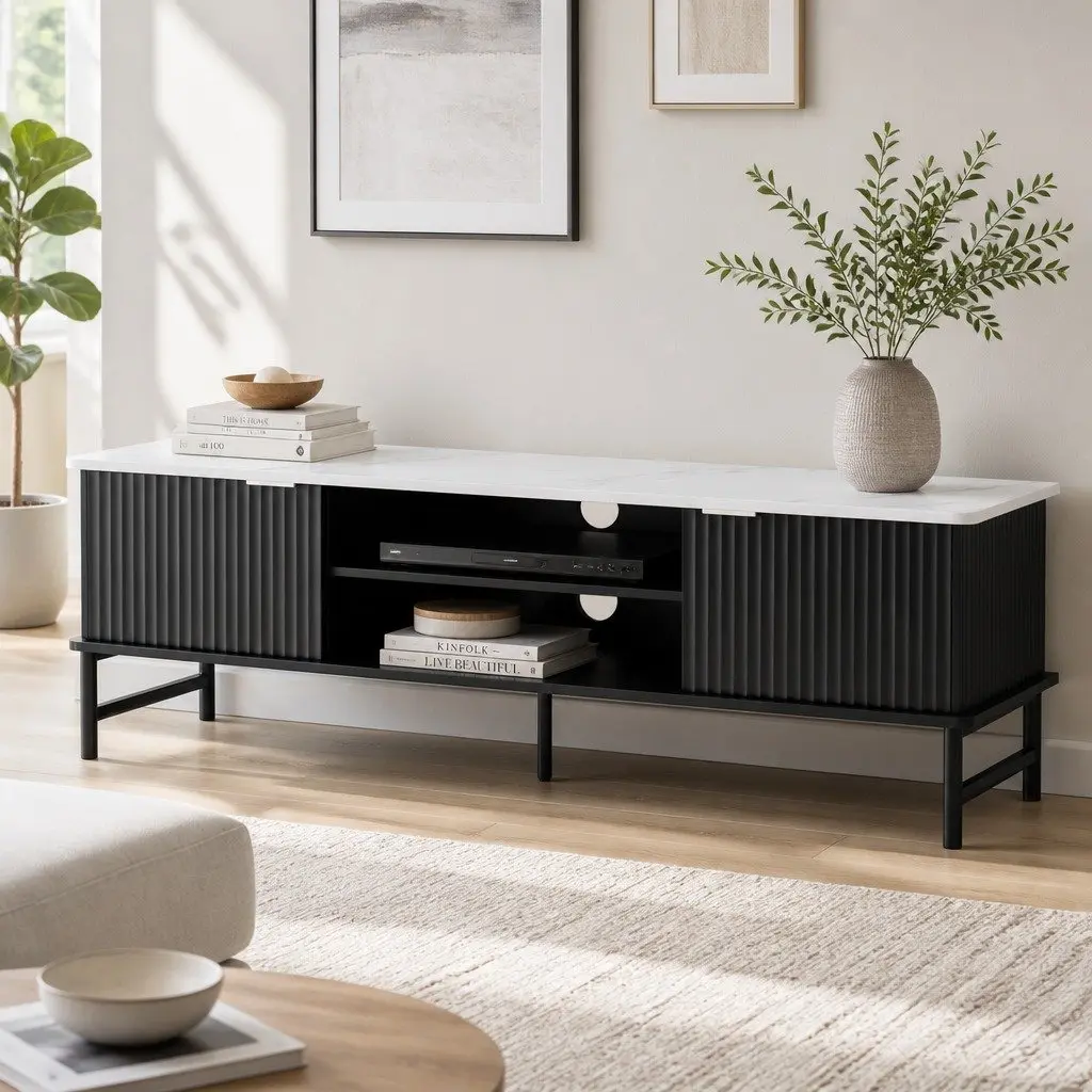 TV Unit Black 140cm Marble-Effect Tabletop Storage Stand with Shelves