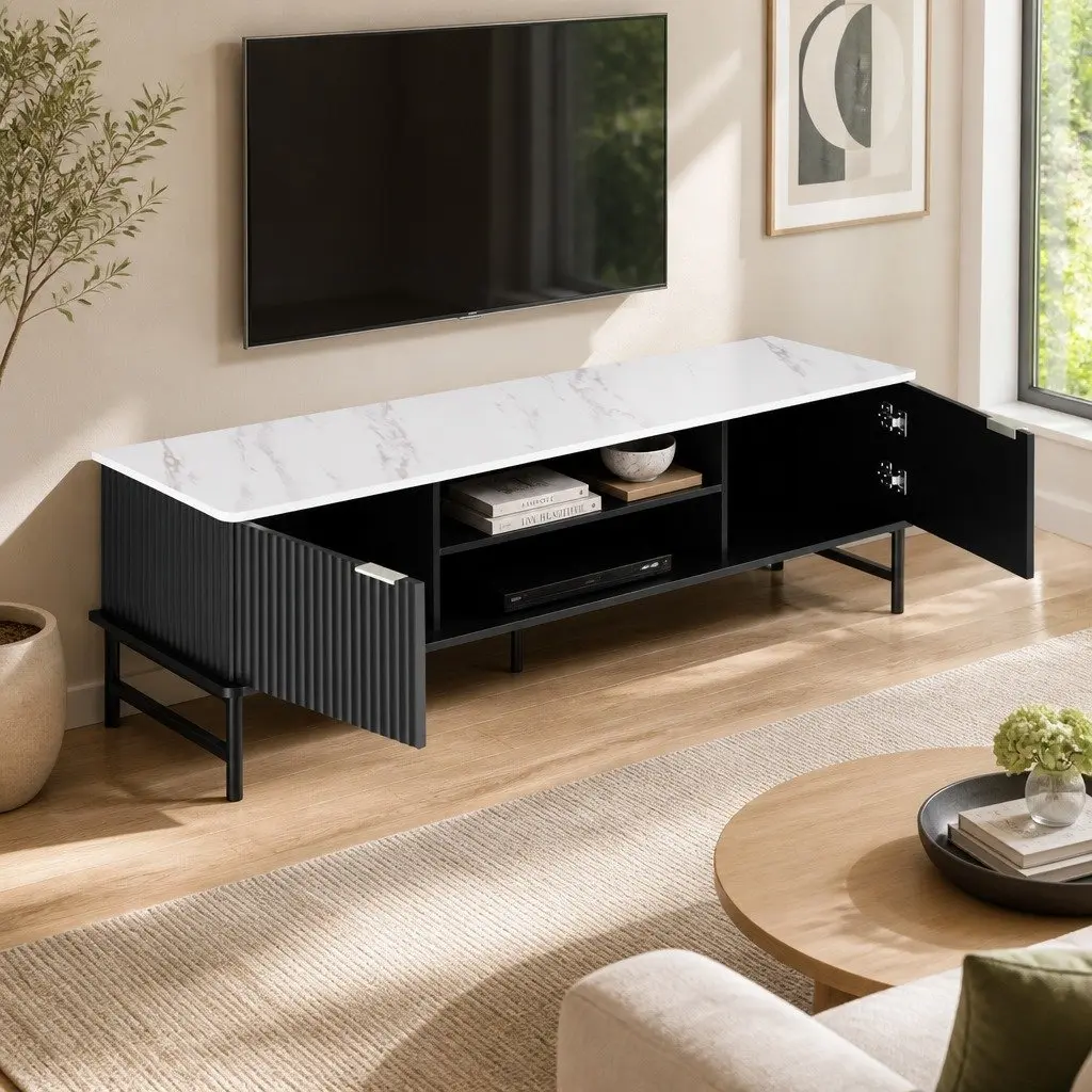 TV Unit Black 140cm Marble-Effect Tabletop Storage Stand with Shelves