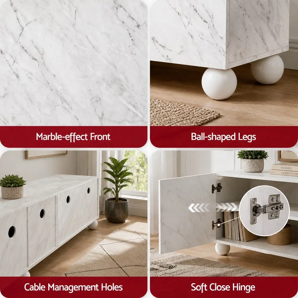 TV Unit White 200cm Modern Storage Cabinet with Soft-Close Hinges and Cable Management for Living Room Furniture