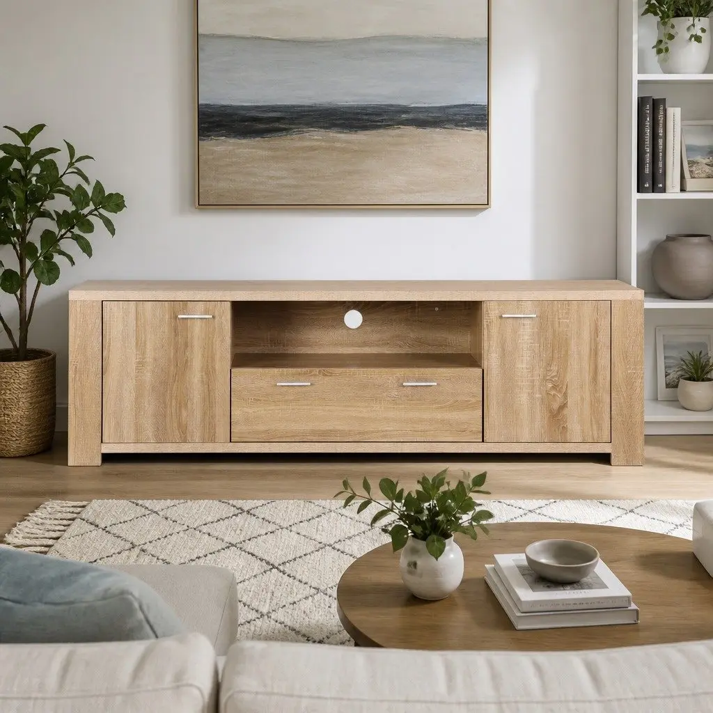 180cm TV Unit Entertainment Storage Cabinet Drawer Shelf Open Display Pine