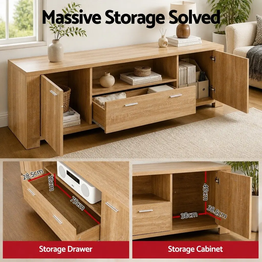 180cm TV Unit Entertainment Storage Cabinet Drawer Shelf Open Display Pine