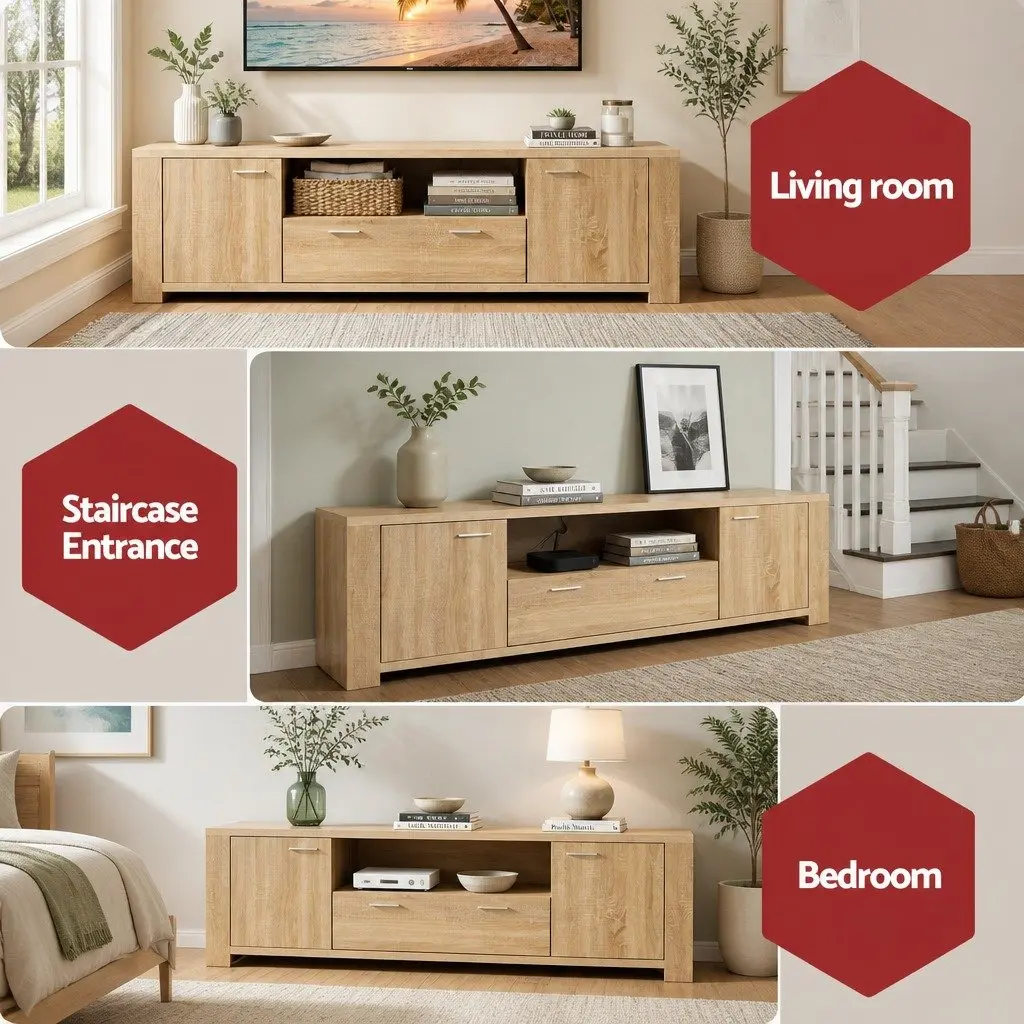 180cm TV Unit Entertainment Storage Cabinet Drawer Shelf Open Display Pine