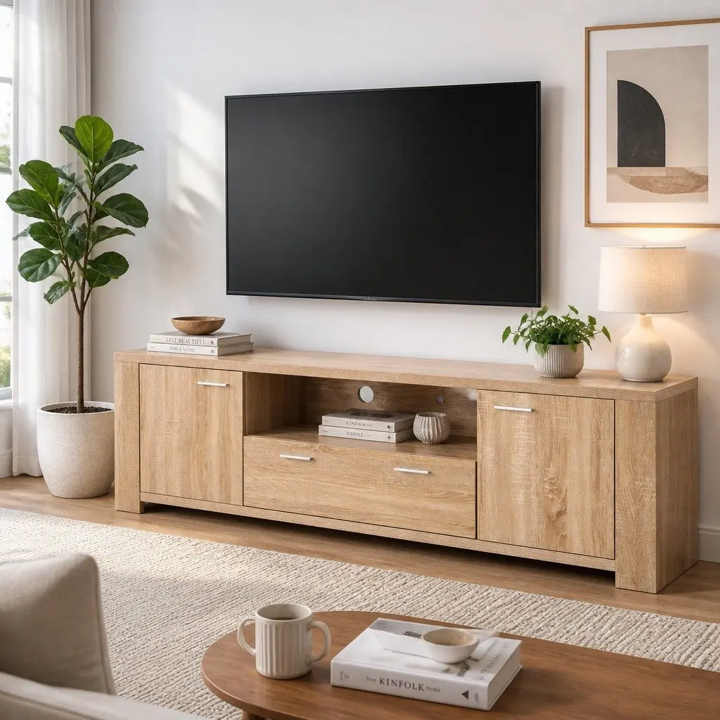 180cm TV Unit Entertainment Storage Cabinet Drawer Shelf Open Display Pine