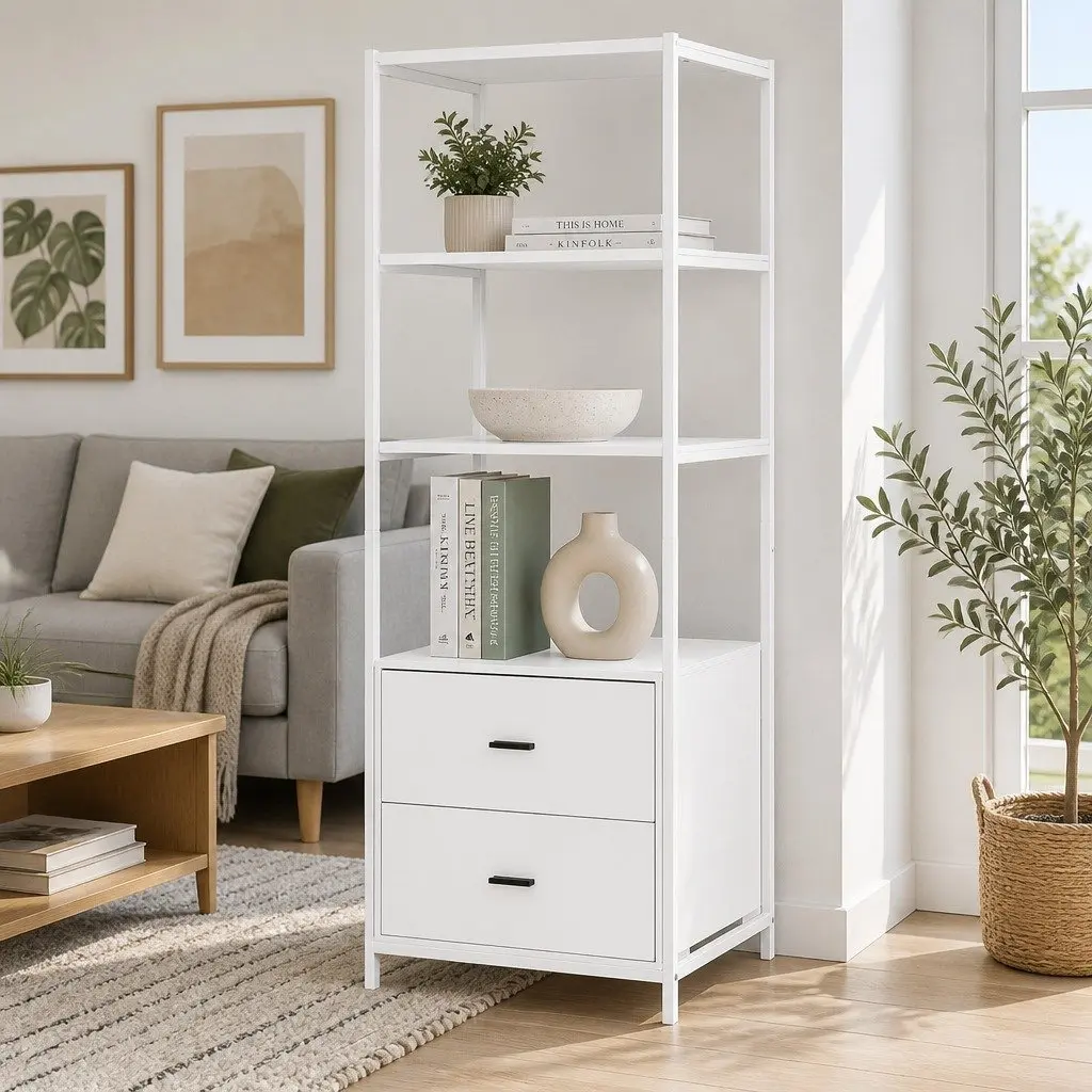 Bookshelf White 152CM 3 Tier with 2 Drawers Storage Bookcase