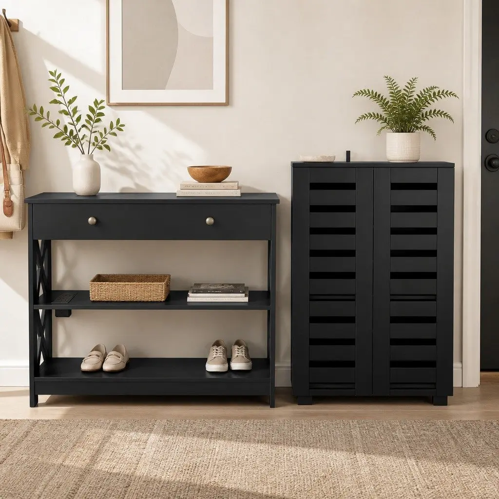 Shoe Rack Cabinet Console Table Set Storage Shelf Entryway Furniture Black