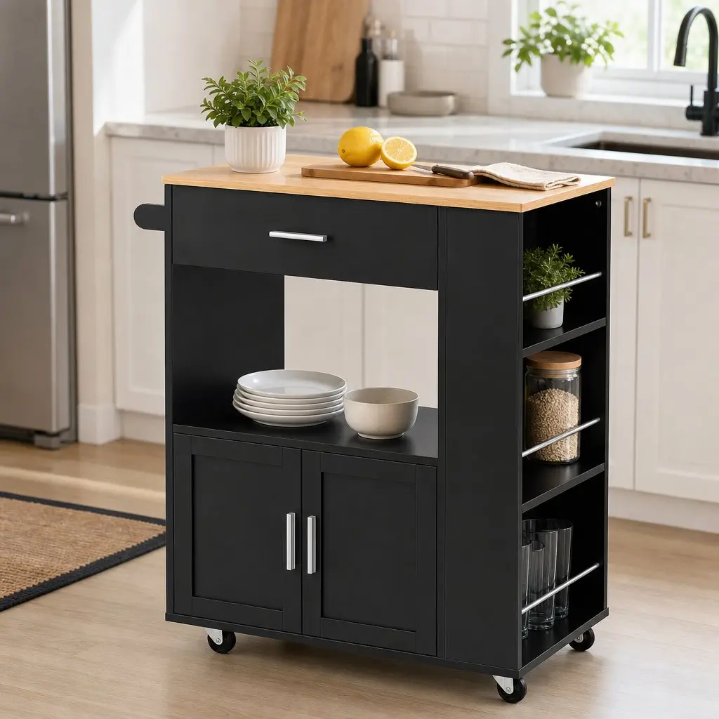 Kitchen Trolley Black 75cm Rolling Serving Cart with Storage Drawer Cabinet and 3-Tier Spice Rack