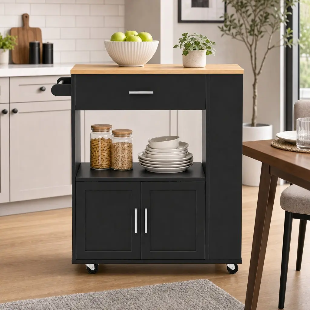 Kitchen Trolley Black 75cm Rolling Serving Cart with Storage Drawer Cabinet and 3-Tier Spice Rack