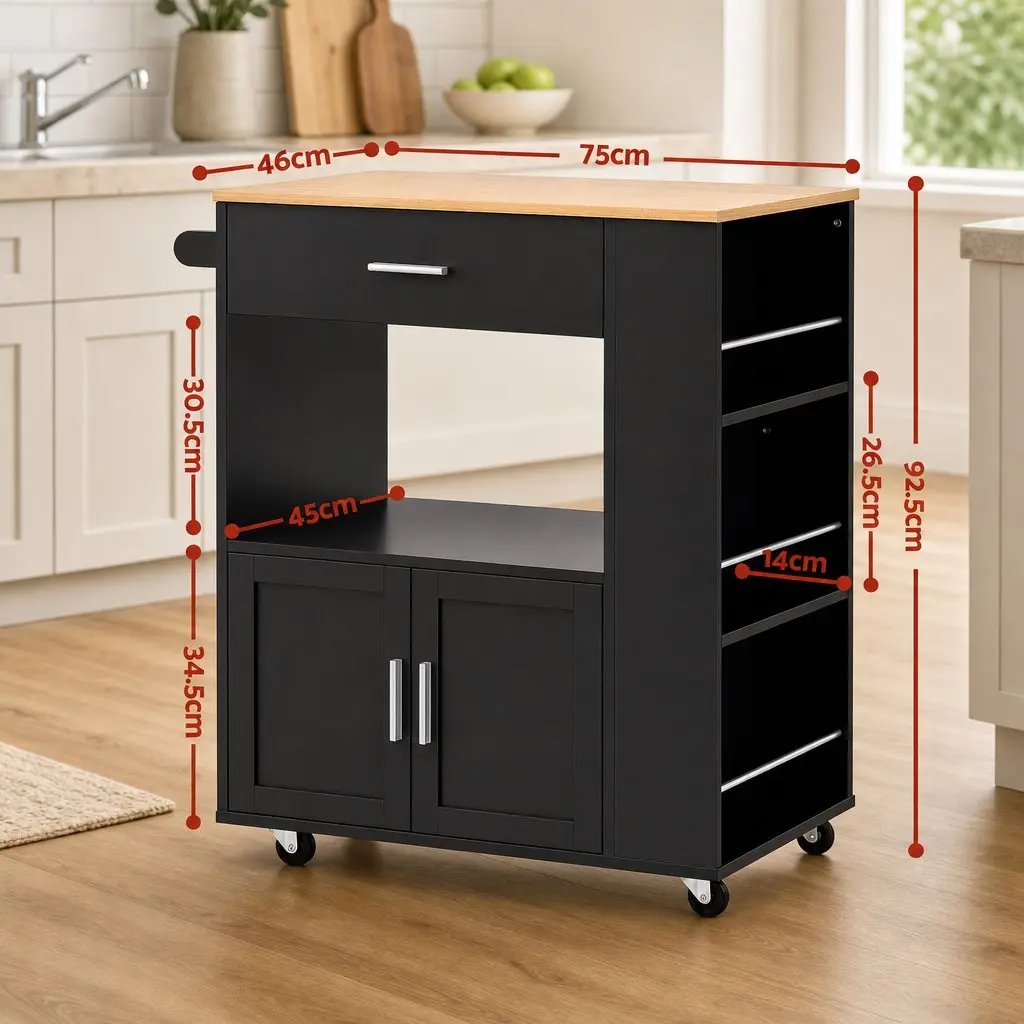 Kitchen Trolley Black 75cm Rolling Serving Cart with Storage Drawer Cabinet and 3-Tier Spice Rack