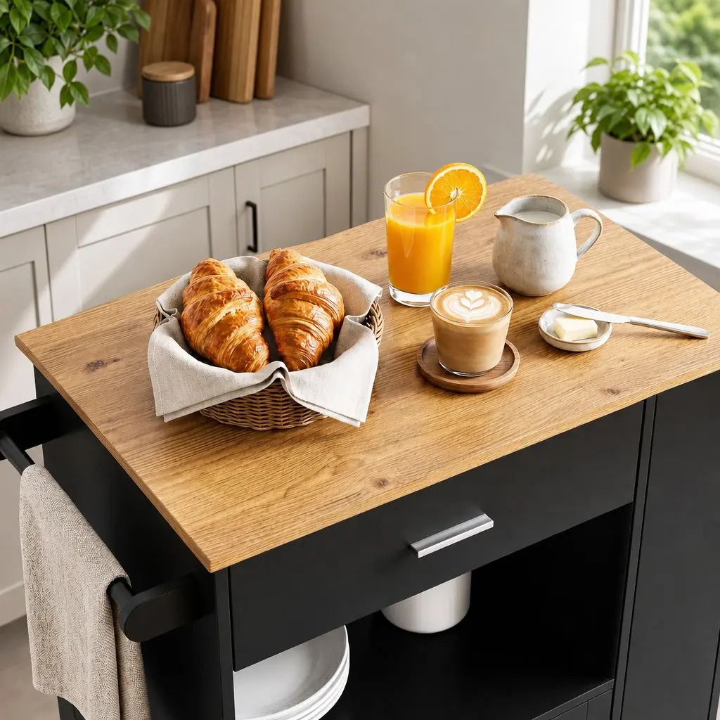 Kitchen Trolley Black 75cm Rolling Serving Cart with Storage Drawer Cabinet and 3-Tier Spice Rack