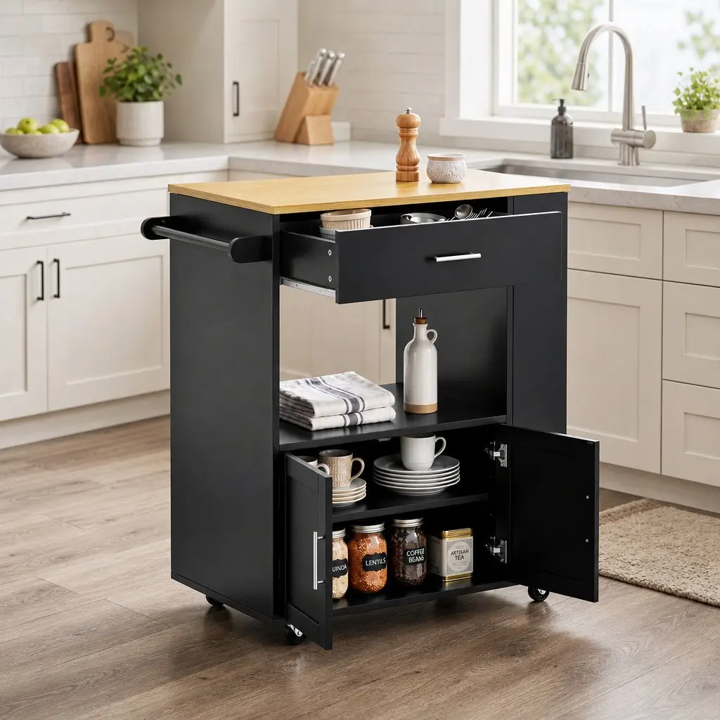 Kitchen Trolley Black 75cm Rolling Serving Cart with Storage Drawer Cabinet and 3-Tier Spice Rack