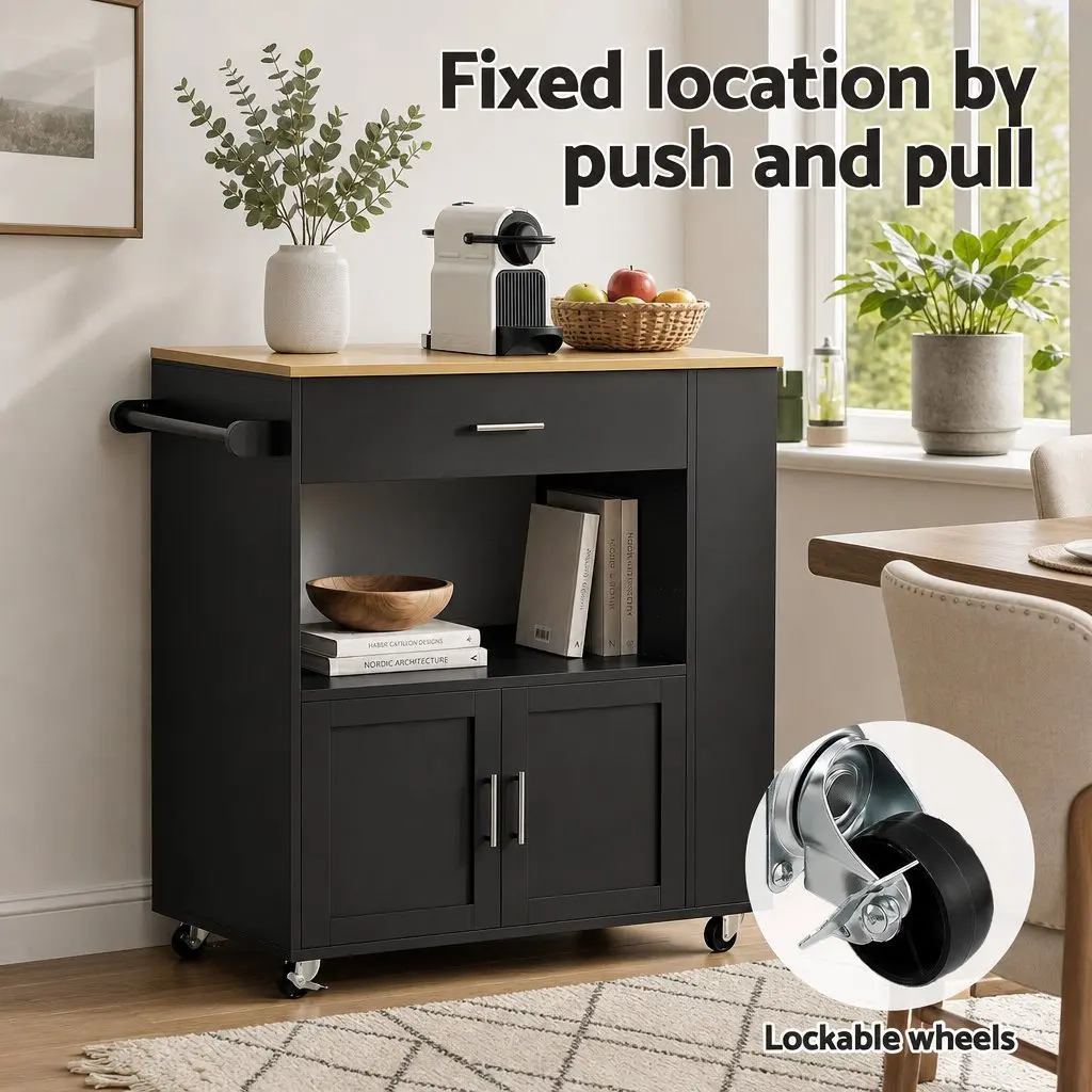 Kitchen Trolley Black 75cm Rolling Serving Cart with Storage Drawer Cabinet and 3-Tier Spice Rack