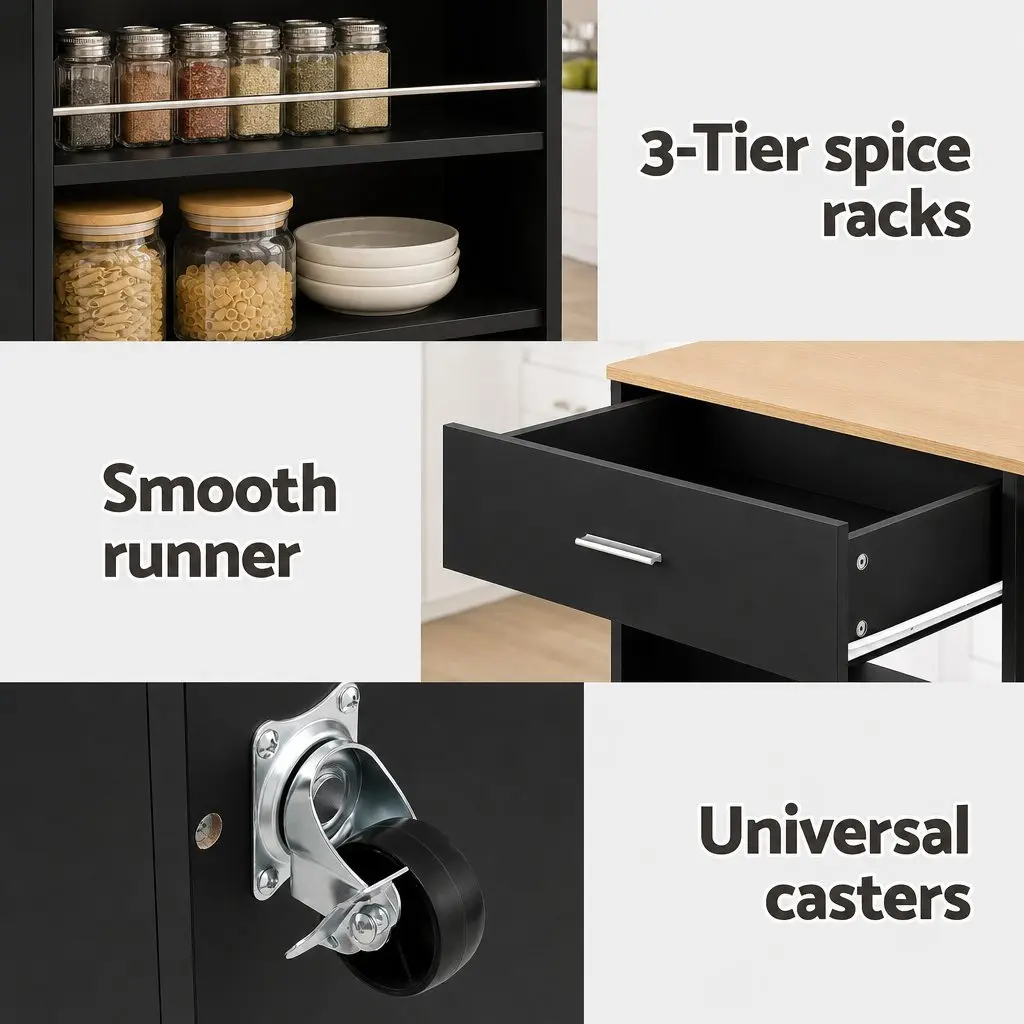 Kitchen Trolley Black 75cm Rolling Serving Cart with Storage Drawer Cabinet and 3-Tier Spice Rack