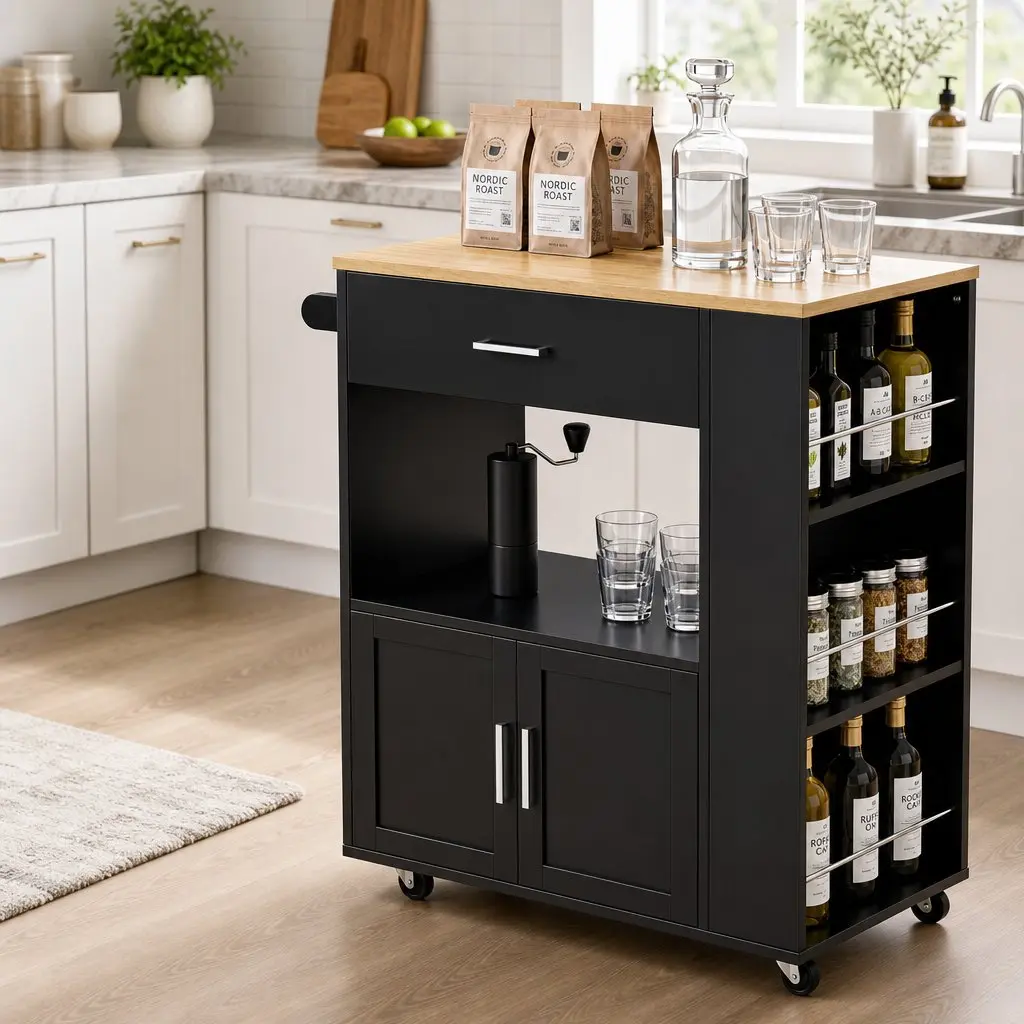 Kitchen Trolley Black 75cm Rolling Serving Cart with Storage Drawer Cabinet and 3-Tier Spice Rack