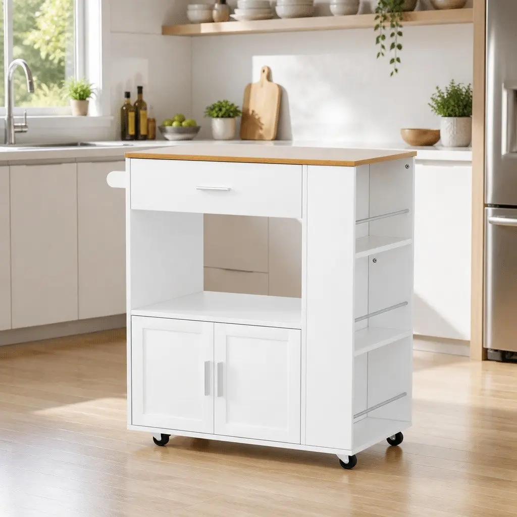 Kitchen Island Trolley Pine Wood Rolling Serving Cart Waterproof Countertop 3-Tier Spice Racks Mobile Storage Cabinet