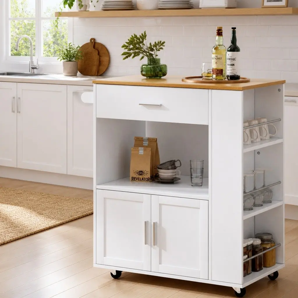 Kitchen Island Trolley Pine Wood Rolling Serving Cart Waterproof Countertop 3-Tier Spice Racks Mobile Storage Cabinet