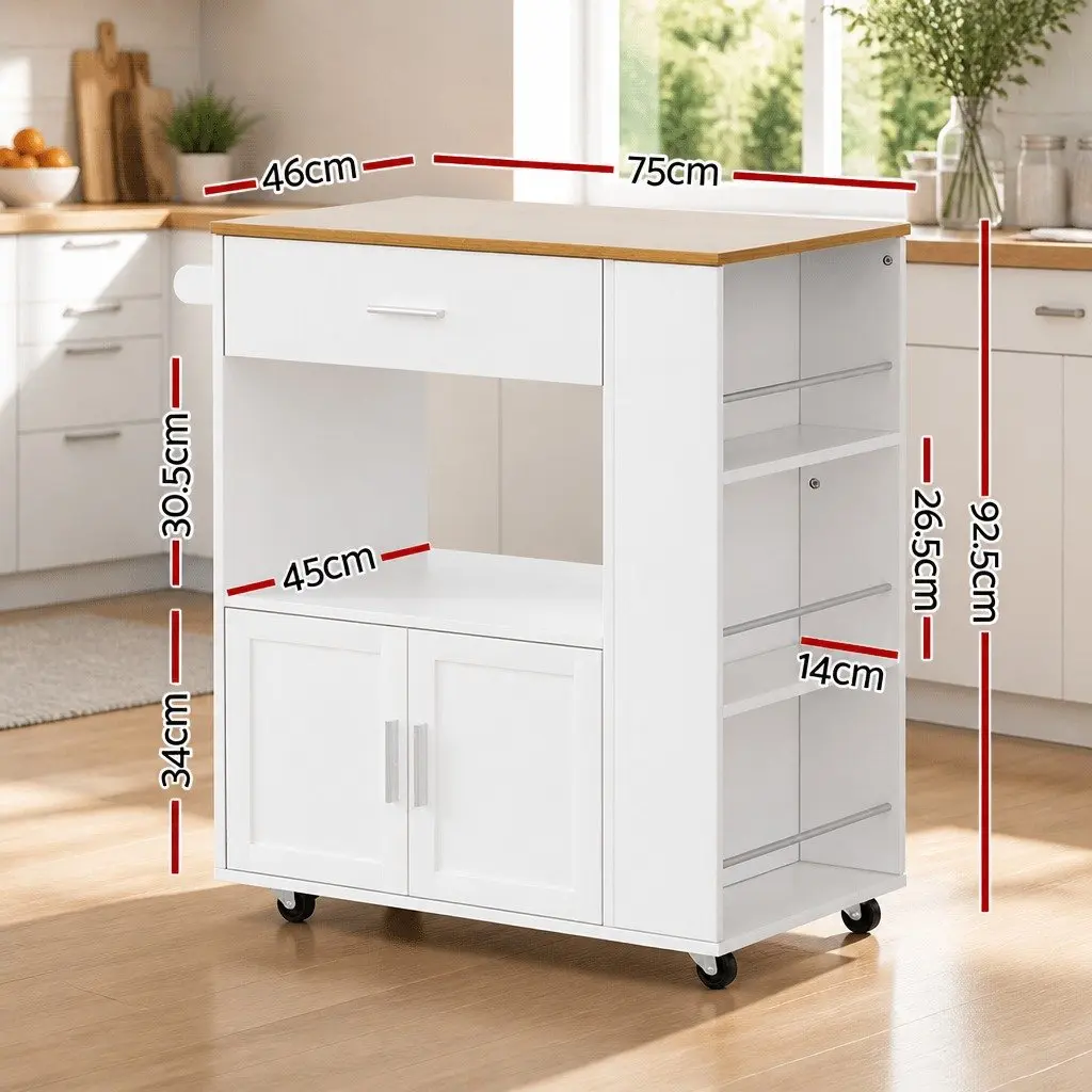 Kitchen Island Trolley Pine Wood Rolling Serving Cart Waterproof Countertop 3-Tier Spice Racks Mobile Storage Cabinet