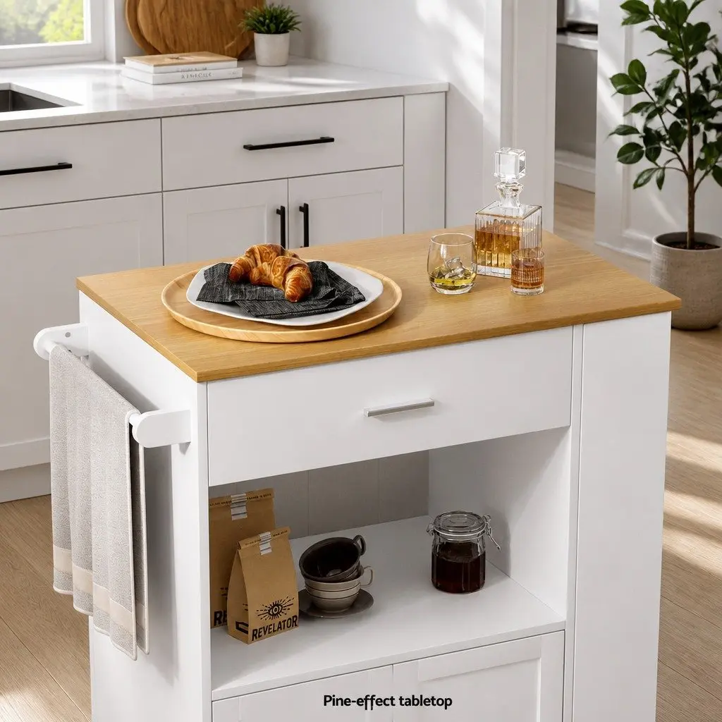Kitchen Island Trolley Pine Wood Rolling Serving Cart Waterproof Countertop 3-Tier Spice Racks Mobile Storage Cabinet