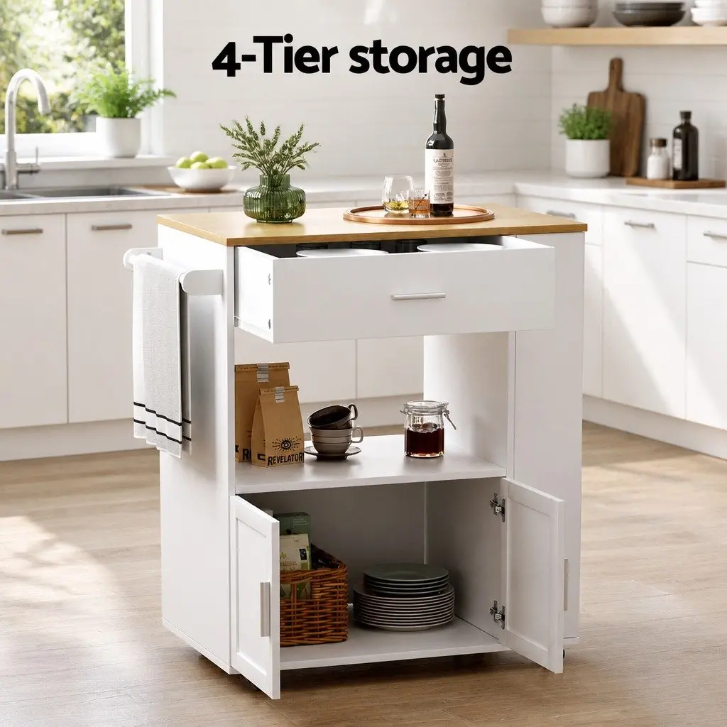 Kitchen Island Trolley Pine Wood Rolling Serving Cart Waterproof Countertop 3-Tier Spice Racks Mobile Storage Cabinet