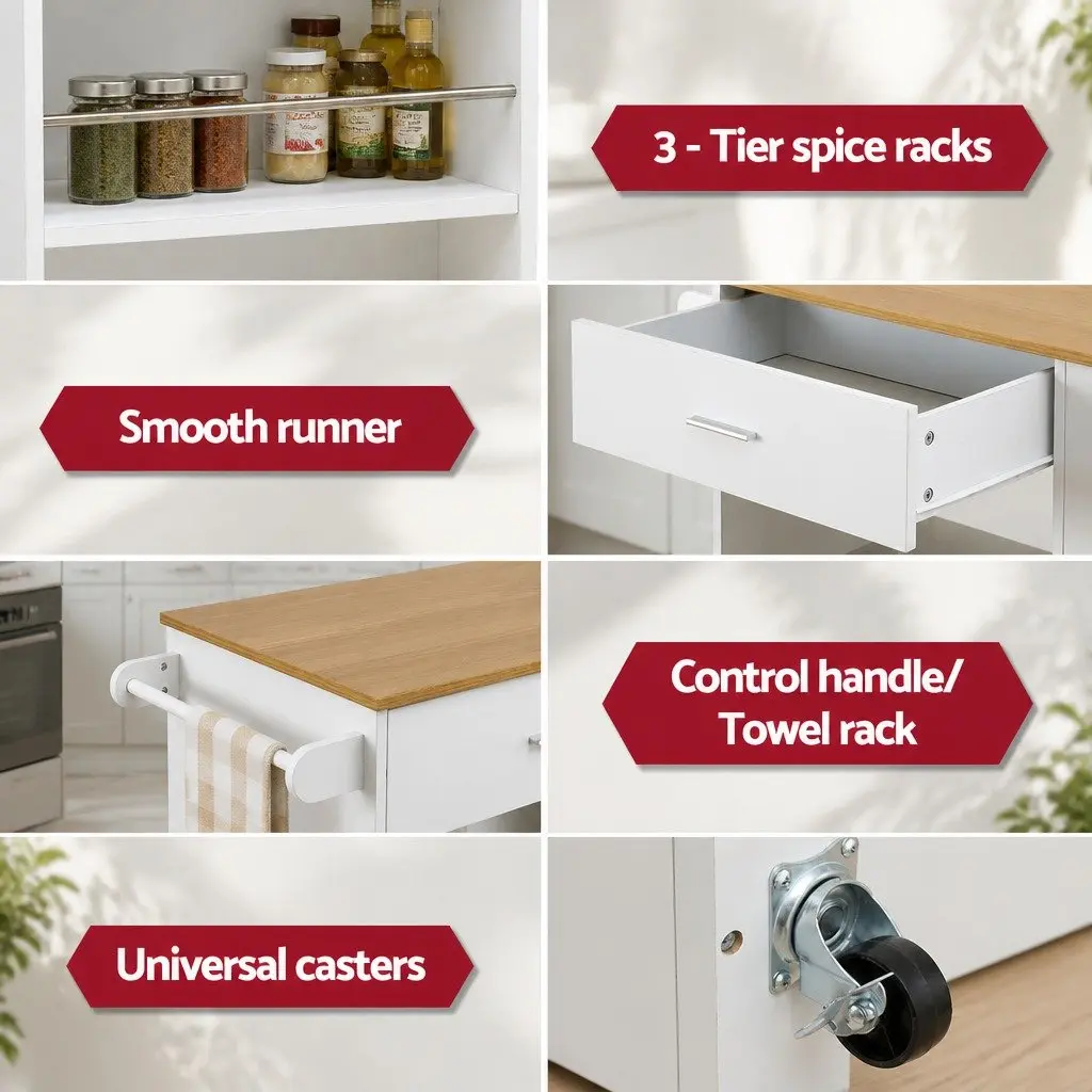 Kitchen Island Trolley Pine Wood Rolling Serving Cart Waterproof Countertop 3-Tier Spice Racks Mobile Storage Cabinet