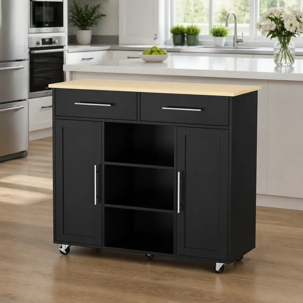 Kitchen Island Trolley Black 100cm Mobile Serving Cart with Drawers Storage Cabinets and Open Shelves