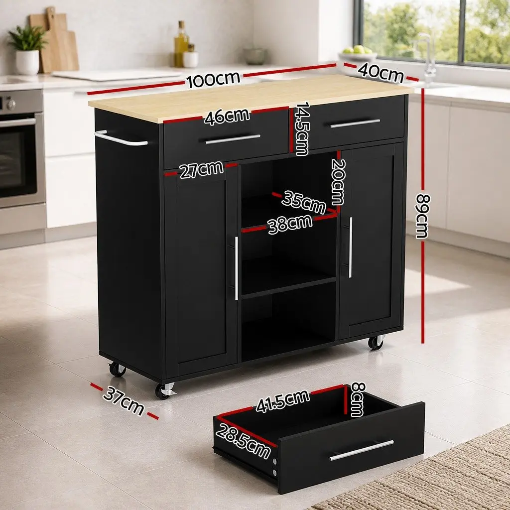 Kitchen Island Trolley Black 100cm Mobile Serving Cart with Drawers Storage Cabinets and Open Shelves