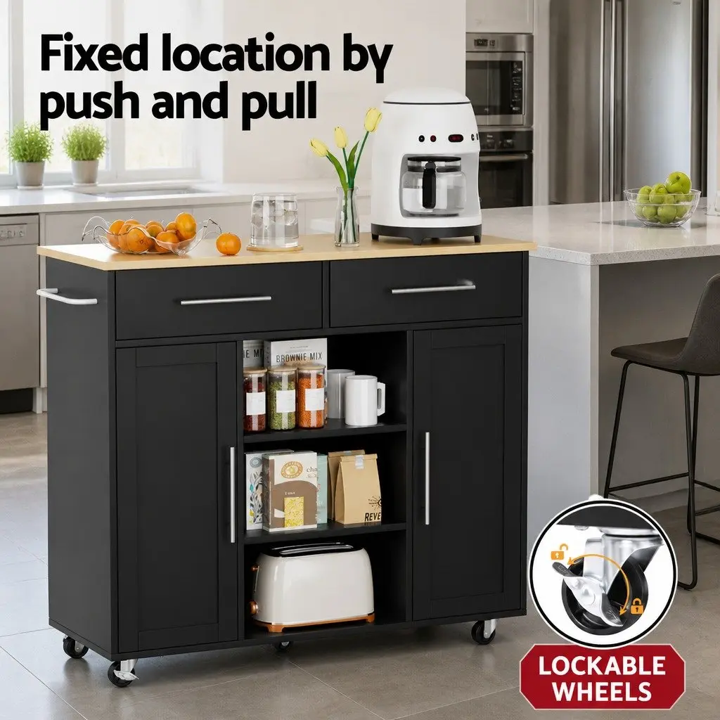Kitchen Island Trolley Black 100cm Mobile Serving Cart with Drawers Storage Cabinets and Open Shelves