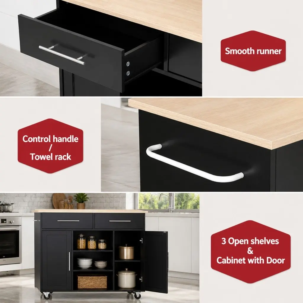 Kitchen Island Trolley Black 100cm Mobile Serving Cart with Drawers Storage Cabinets and Open Shelves