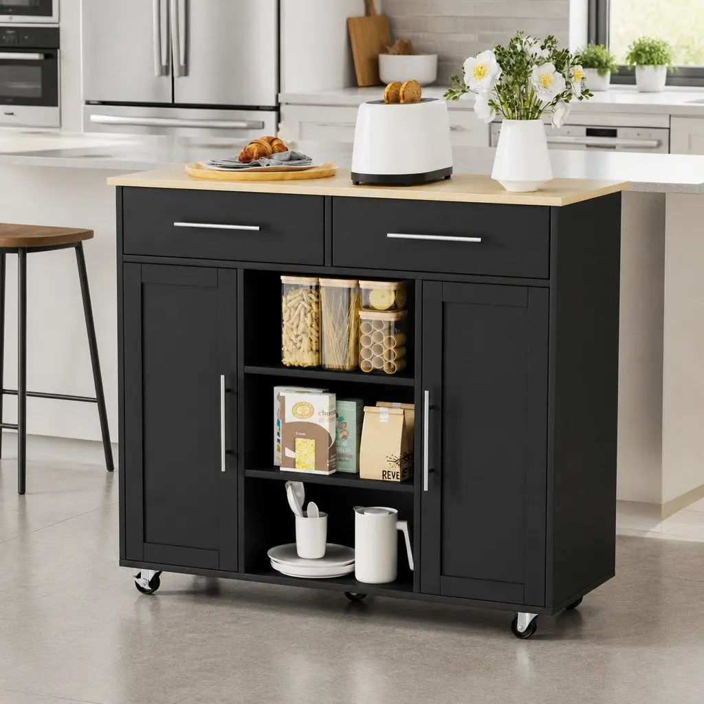 Kitchen Island Trolley Black 100cm Mobile Serving Cart with Drawers Storage Cabinets and Open Shelves