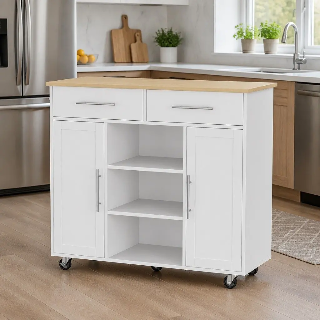 Kitchen Trolley White 100cm Mobile Storage Cart with 2 Drawers 2 Cabinets 3 Shelves and Towel Rack