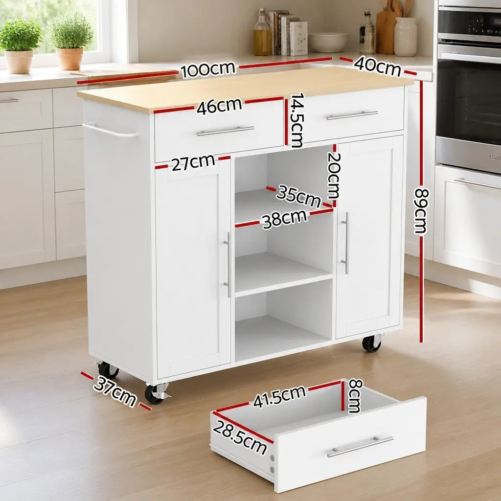 Kitchen Trolley White 100cm Mobile Storage Cart with 2 Drawers 2 Cabinets 3 Shelves and Towel Rack