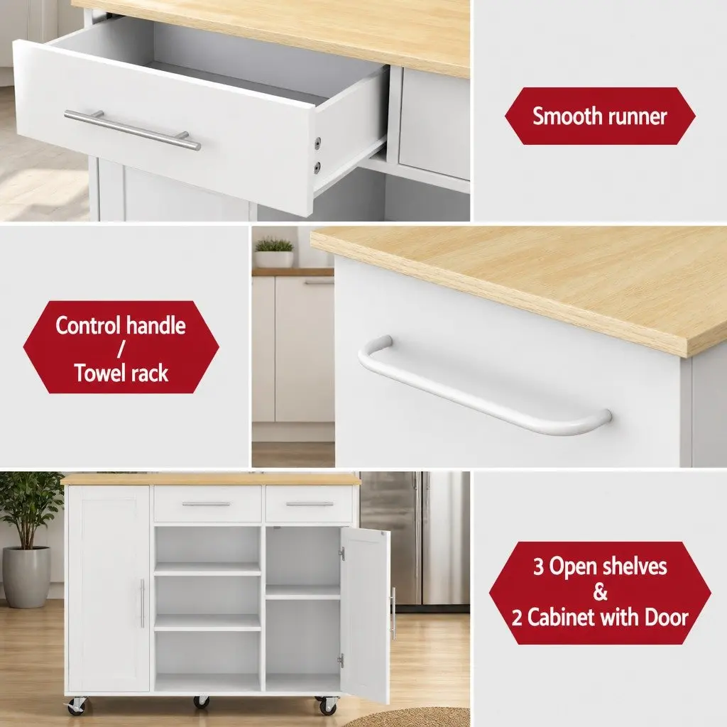 Kitchen Trolley White 100cm Mobile Storage Cart with 2 Drawers 2 Cabinets 3 Shelves and Towel Rack
