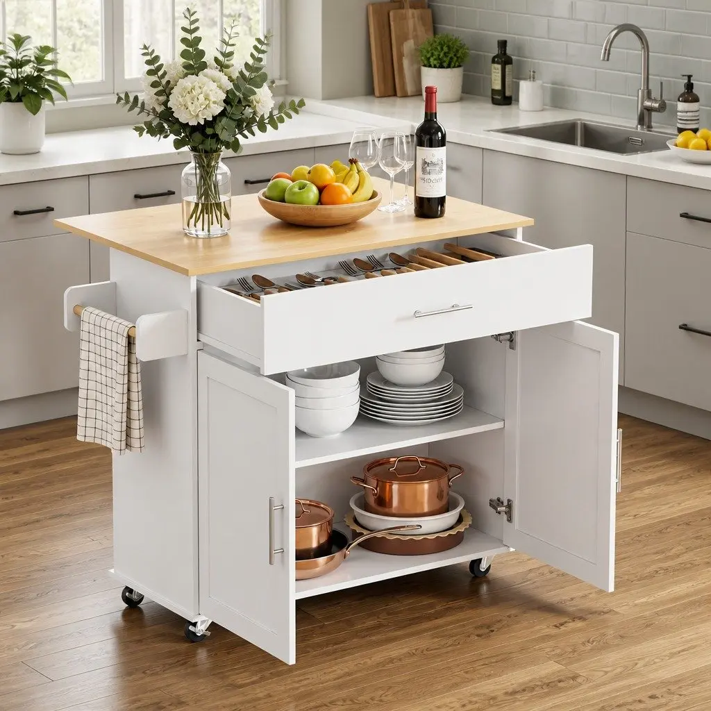 Kitchen Island Trolley White Foldable Drop Leaf Mobile Storage Cart with Adjustable Shelves Sliding Drawer Spice Rack and Towel Rack