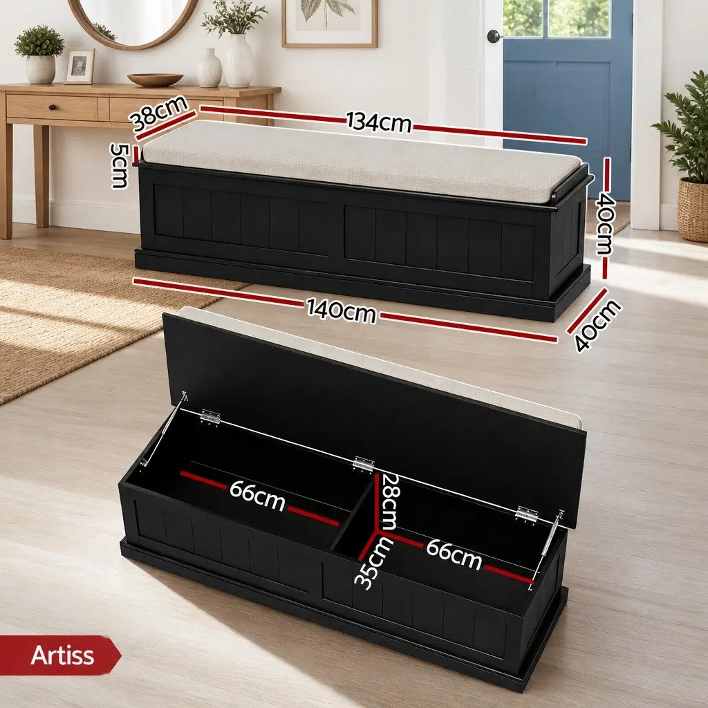 Storage Ottoman Blanket Box 140cm Fluted Black Hinged Lid Seat Footstool