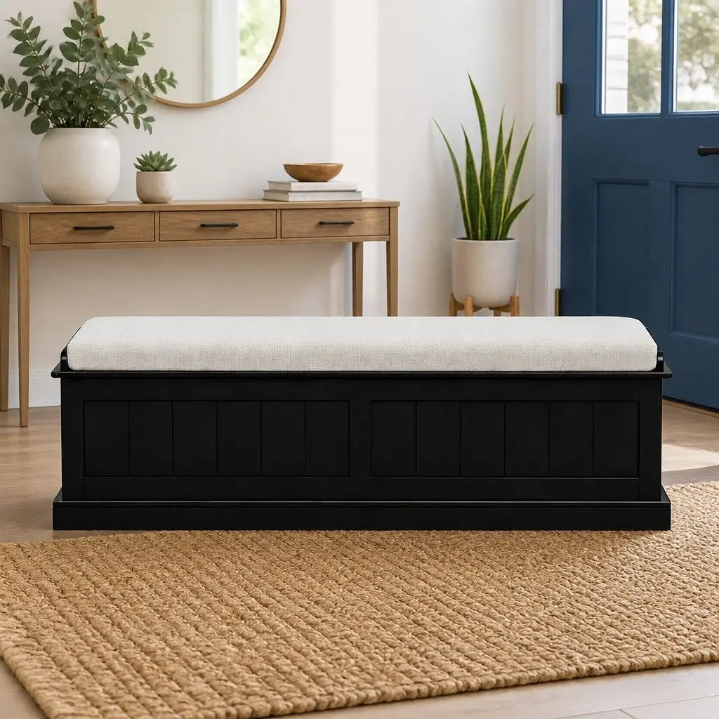 Storage Ottoman Blanket Box 140cm Fluted Black Hinged Lid Seat Footstool