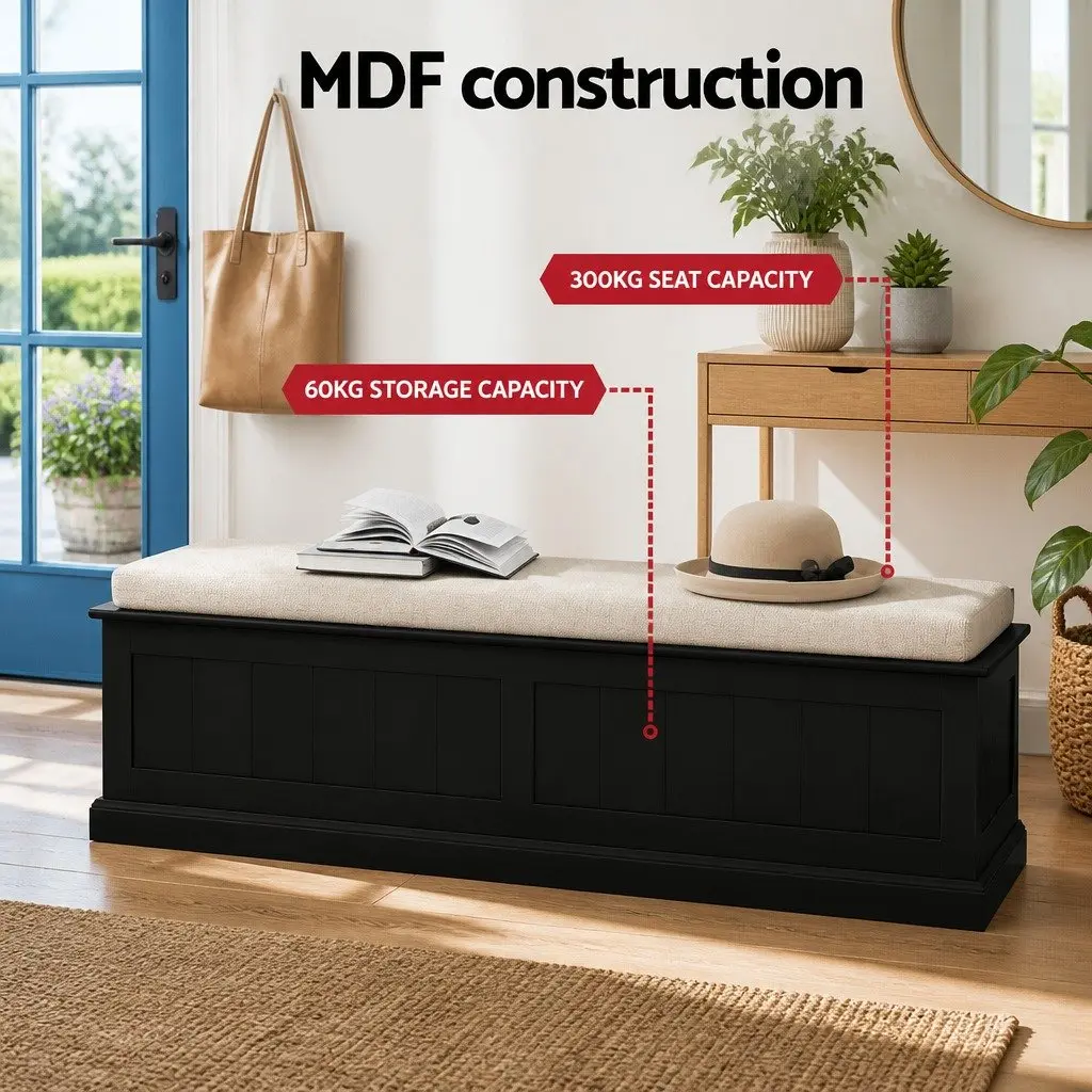 Storage Ottoman Blanket Box 140cm Fluted Black Hinged Lid Seat Footstool