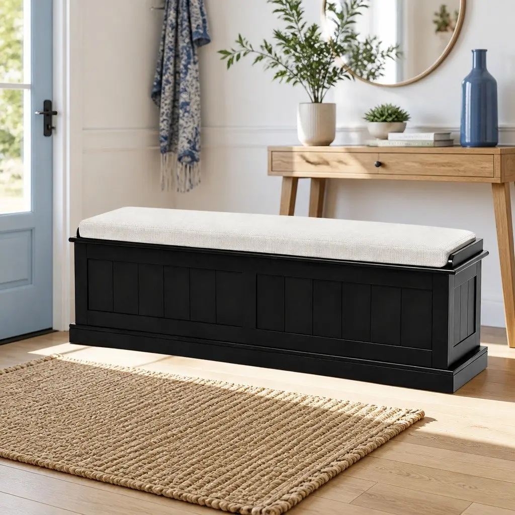 Storage Ottoman Blanket Box 140cm Fluted Black Hinged Lid Seat Footstool