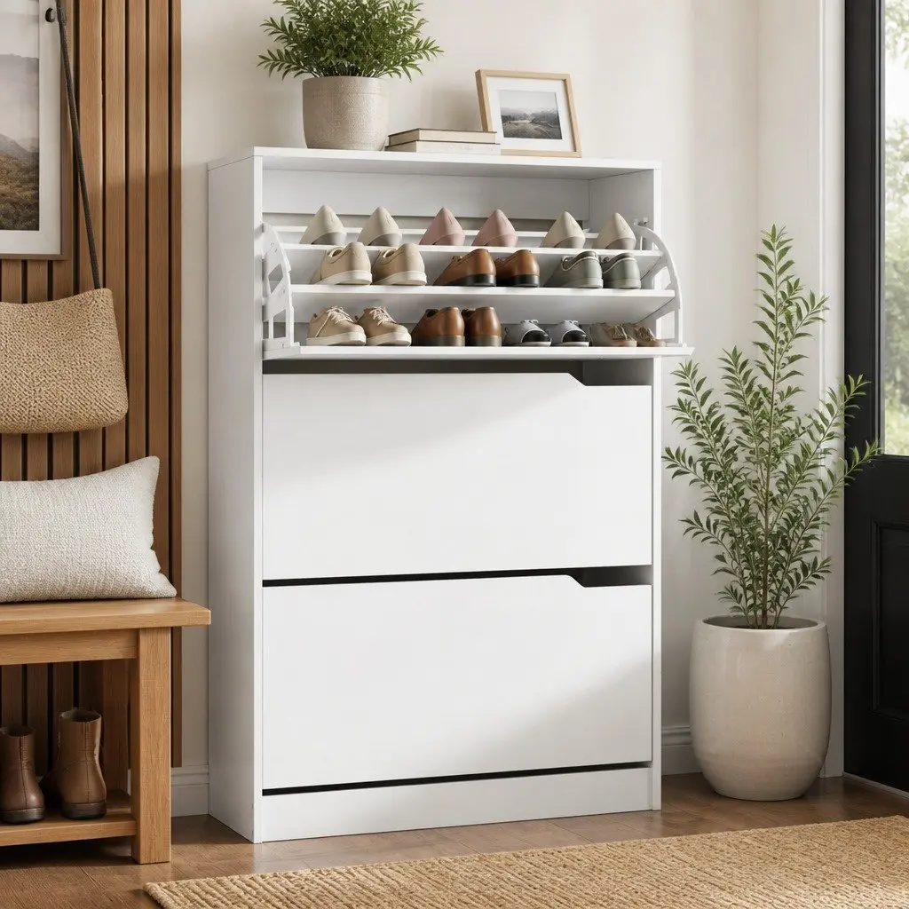 White Shoe Rack Cabinet for 24 Shoes