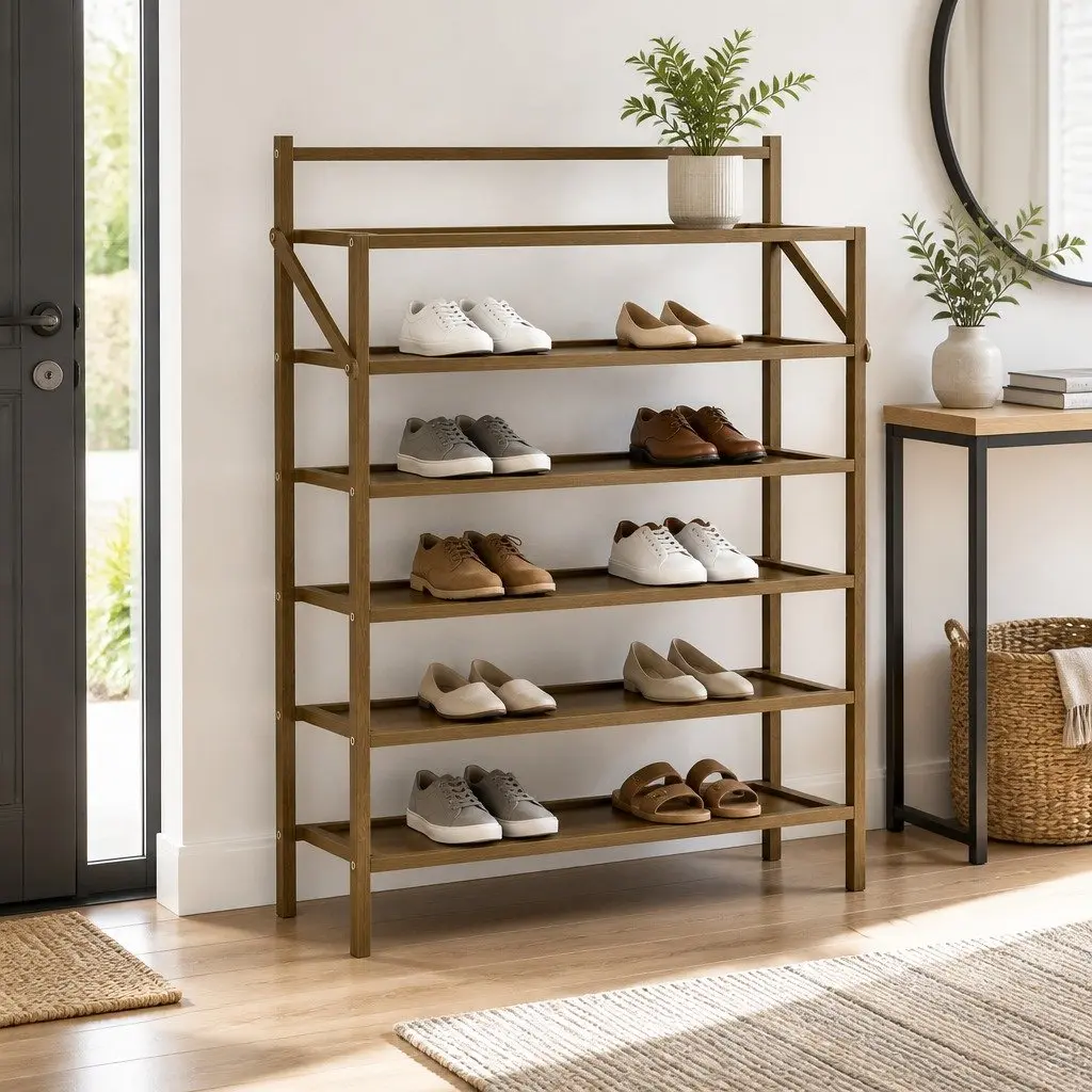 Shoe Rack Oak 6-Tier Foldable Storage Organizer Bamboo Frame