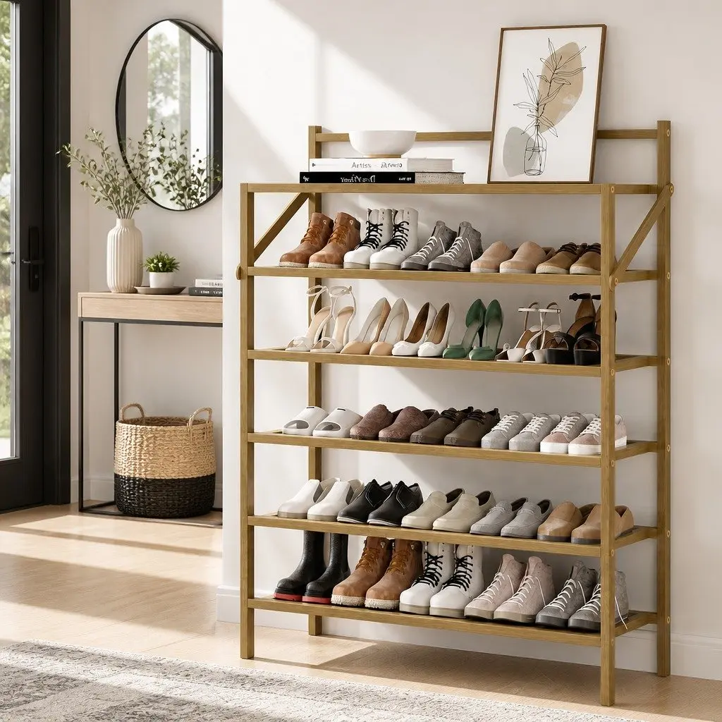 Shoe Rack Oak 6-Tier Foldable Storage Organizer Bamboo Frame