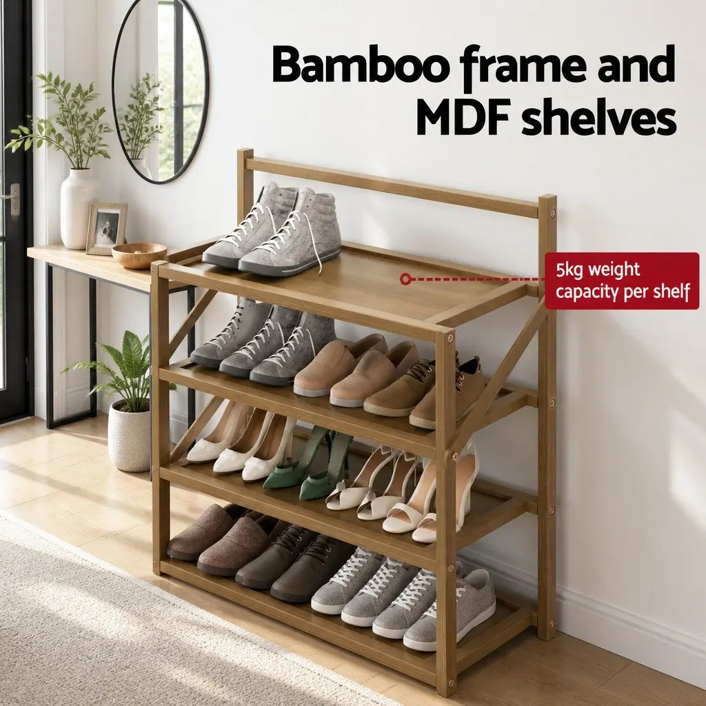 Shoe Rack Oak 6-Tier Foldable Storage Organizer Bamboo Frame
