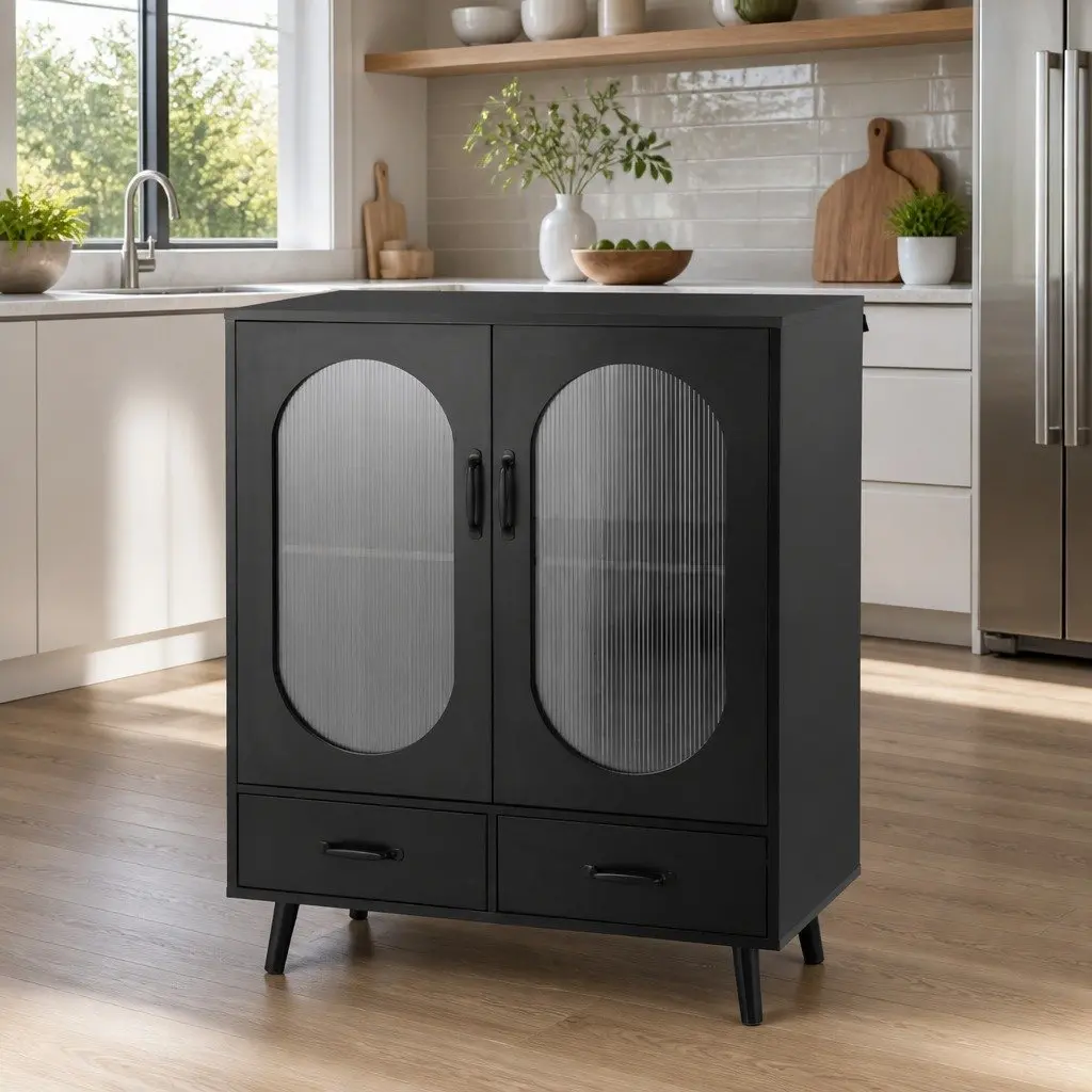 Buffet Sideboard Black 2 Drawer Storage Cabinet with Fluted Plastic Door Panels