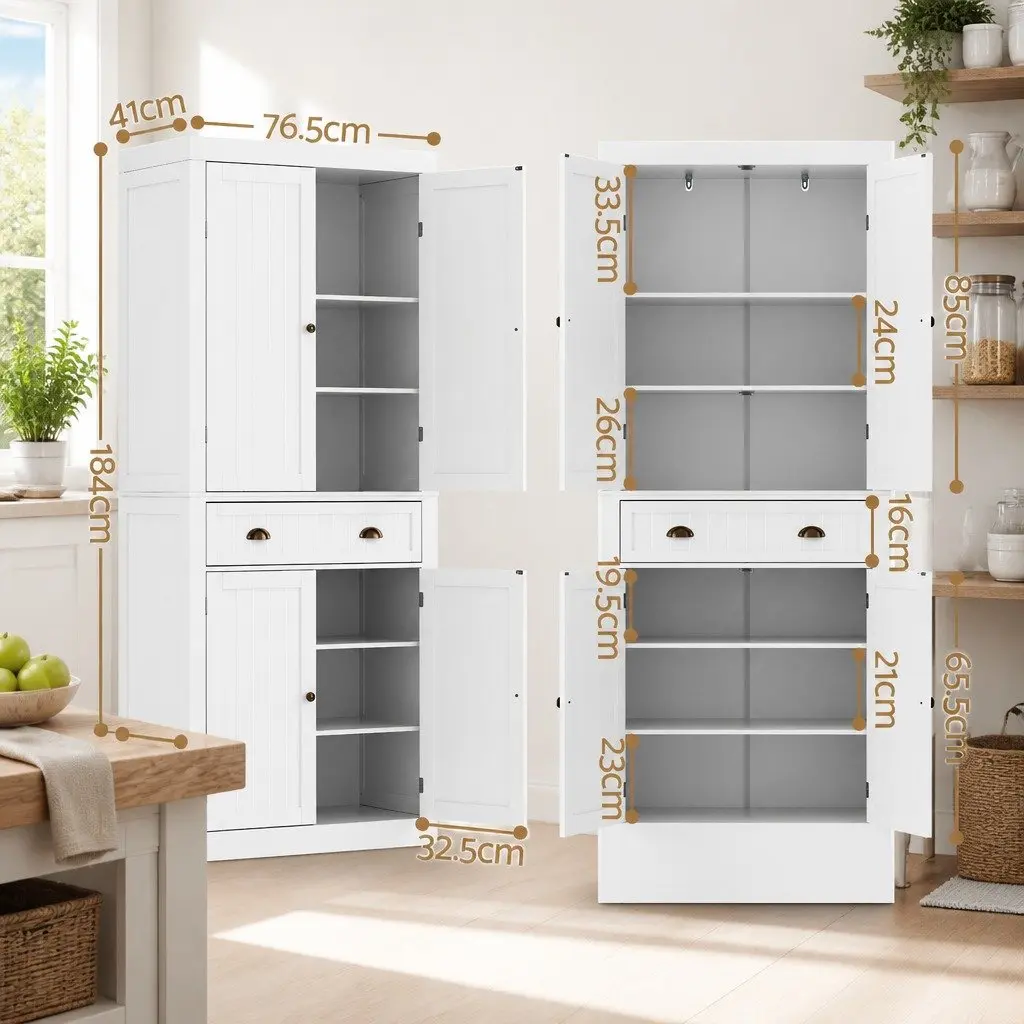 Buffet Sideboard Cabinet White 6-Tier Storage Pantry with Drawer Set of 2
