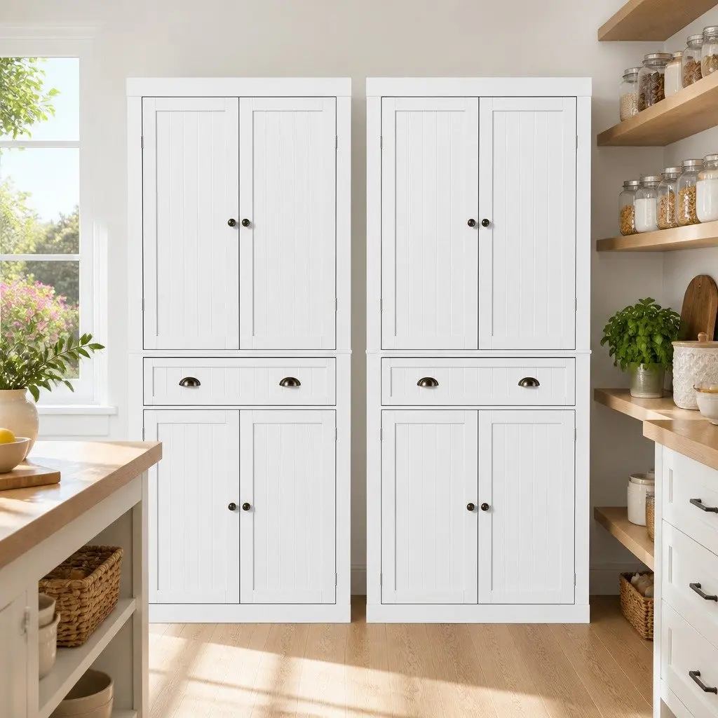 Buffet Sideboard Cabinet White 6-Tier Storage Pantry with Drawer Set of 2
