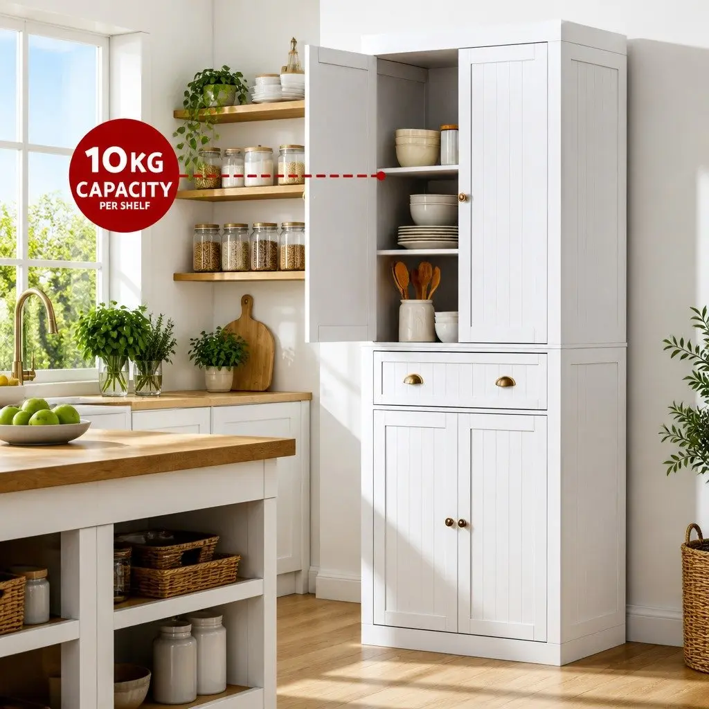 Buffet Sideboard Cabinet White 6-Tier Storage Pantry with Drawer Set of 2