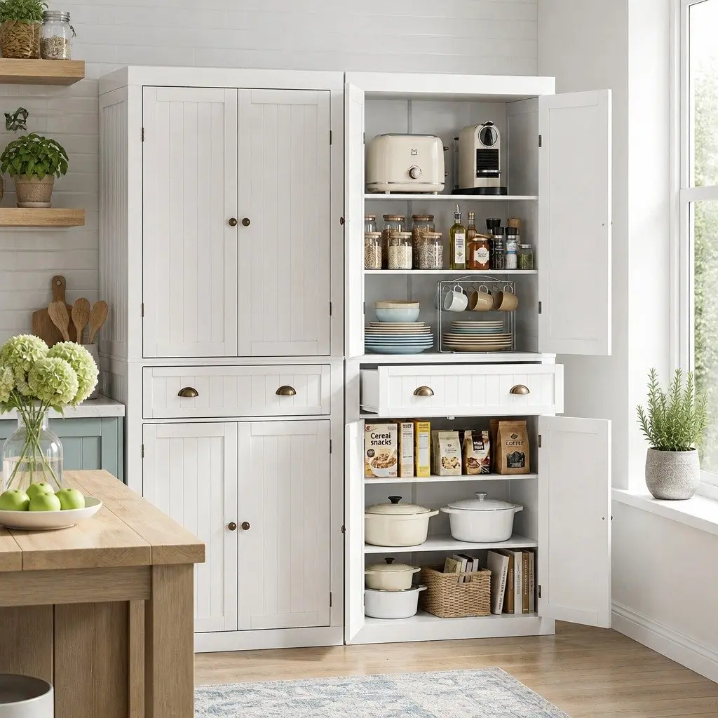 Buffet Sideboard Cabinet White 6-Tier Storage Pantry with Drawer Set of 2
