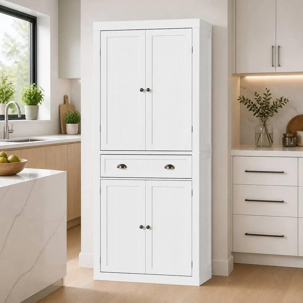 Buffet Sideboard White 6-Tier Storage Cabinet with Smooth-Gliding Drawers for Dining Room Furniture